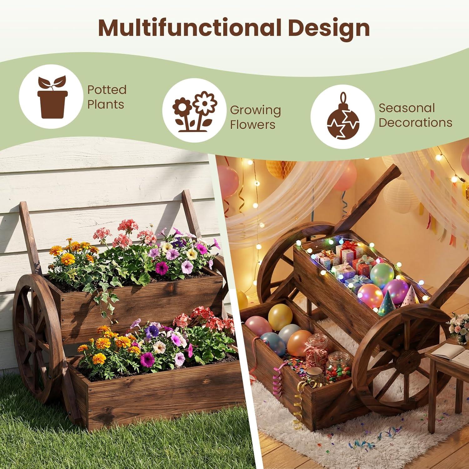 image:imageGiantex Wooden Wagon Planter Box Rustic Garden Planter with Wheels Handles amp Drainage Holes for Flowers Herbs Vegetables Indoor Outdoor Decorative Flower Cart for Patio Balcony 125L x 215W x 20H