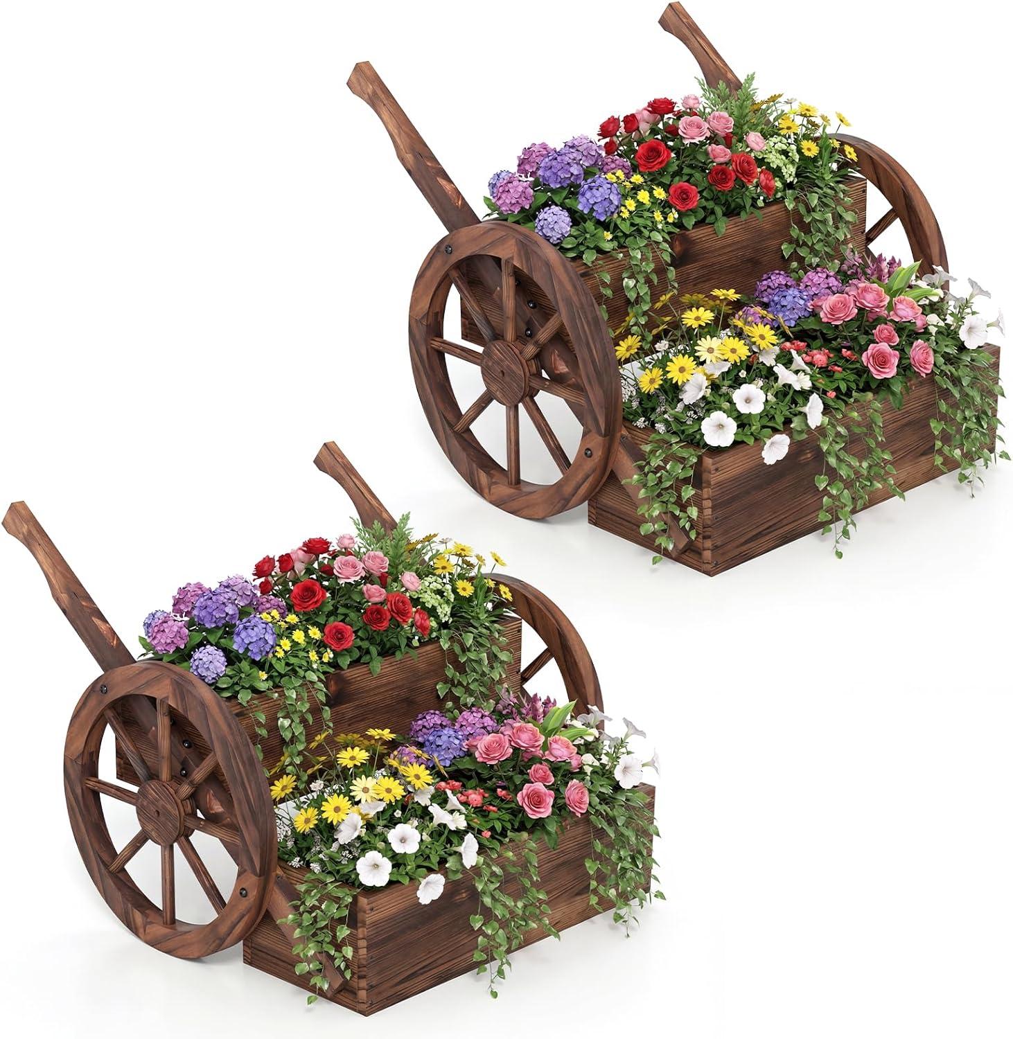 image:imageGiantex Wooden Wagon Planter Box Rustic Garden Planter with Wheels Handles amp Drainage Holes for Flowers Herbs Vegetables Indoor Outdoor Decorative Flower Cart for Patio Balcony 125L x 215W x 20H