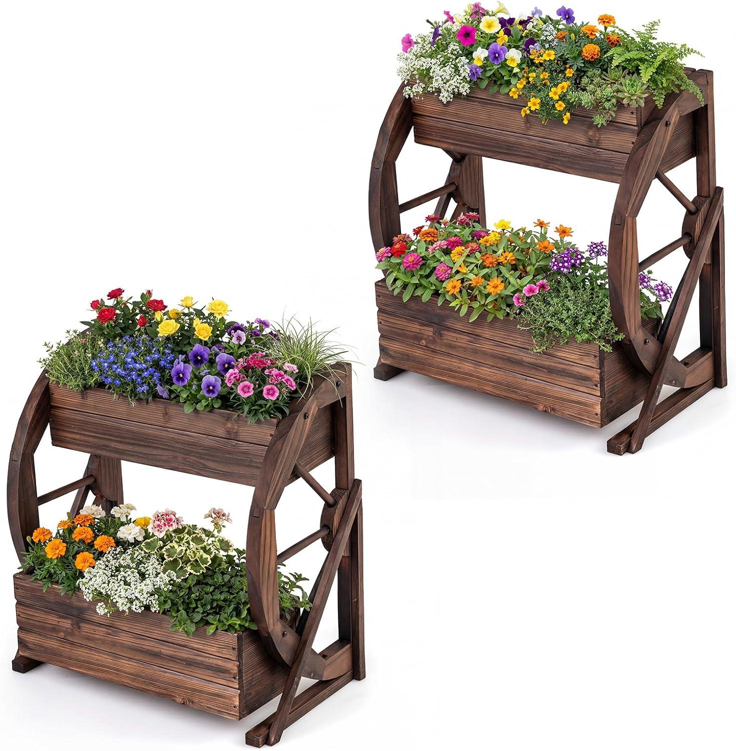image:imageGiantex Wooden Wagon Planter Box Rustic Garden Planter with Wheels Handles amp Drainage Holes for Flowers Herbs Vegetables Indoor Outdoor Decorative Flower Cart for Patio Balcony 122L x 13W x 22H