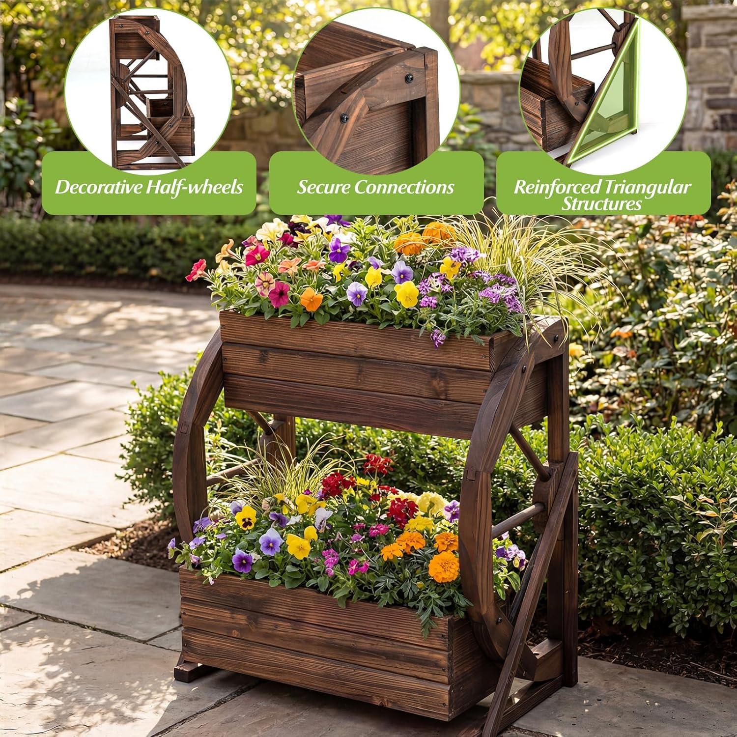 image:imageGiantex Wooden Wagon Planter Box Rustic Garden Planter with Wheels Handles amp Drainage Holes for Flowers Herbs Vegetables Indoor Outdoor Decorative Flower Cart for Patio Balcony 122L x 13W x 22H