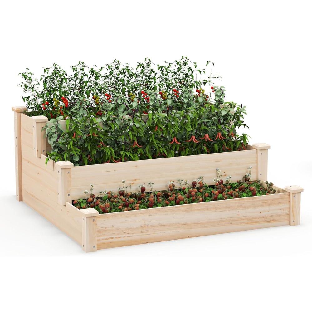 image:imageGiantex 3Tier Raised Garden Bed Tiered Planter Box wOpenEnded Base Fir Wood Elevated Raised Beds for Gardening Vegetable Flower Herb Fruit Perfect for Patio Lawn Backyard47Lx47Wx22H