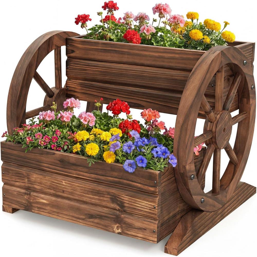 image:imageGiantex Wooden Wagon Planter Box Rustic Garden Planter with Wheels Handles amp Drainage Holes for Flowers Herbs Vegetables Indoor Outdoor Decorative Flower Cart for Patio Balcony 118L x 175W x 14H