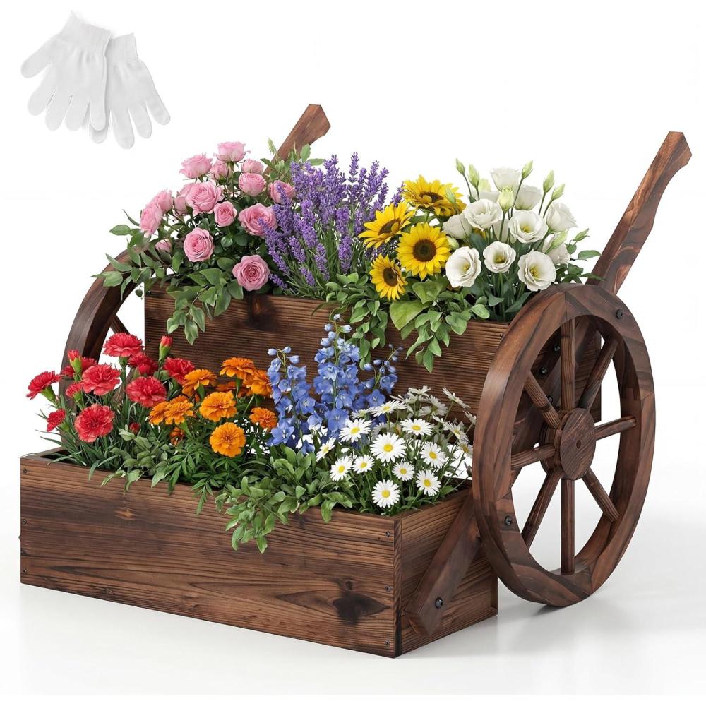 image:imageGiantex Wooden Wagon Planter Box Rustic Garden Planter with Wheels Handles amp Drainage Holes for Flowers Herbs Vegetables Indoor Outdoor Decorative Flower Cart for Patio Balcony 125L x 215W x 20H