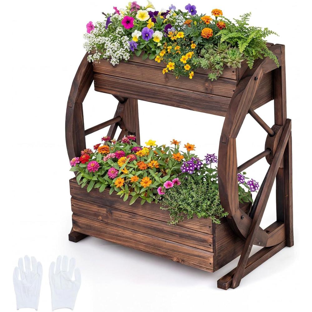 image:imageGiantex Wooden Wagon Planter Box Rustic Garden Planter with Wheels Handles amp Drainage Holes for Flowers Herbs Vegetables Indoor Outdoor Decorative Flower Cart for Patio Balcony 122L x 13W x 22H