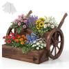Giantex Wooden Wagon Planter Box, Rustic Garden Planter with Wheels, Handles & Drainage Holes for Flowers Herbs Vegetables, Indoor Outdoor Decorative Flower Cart for Patio Balcony (1)(25″L x 21.5″W x 20″H)