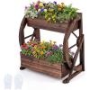 Giantex Wooden Wagon Planter Box, Rustic Garden Planter with Wheels, Handles & Drainage Holes for Flowers Herbs Vegetables, Indoor Outdoor Decorative Flower Cart for Patio Balcony (1)(22″L x 13″W x 22″H)