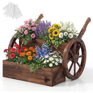 Giantex Wooden Wagon Planter Box, Rustic Garden Planter with Wheels, Handles & Drainage Holes for Flowers Herbs Vegetables, Indoor Outdoor Decorative Flower Cart for Patio Balcony (1)(25″L x 21.5″W x 20″H)