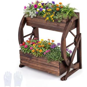 Giantex Wooden Wagon Planter Box, Rustic Garden Planter with Wheels, Handles & Drainage Holes for Flowers Herbs Vegetables, Indoor Outdoor Decorative Flower Cart for Patio Balcony (1)(22″L x 13″W x 22″H)