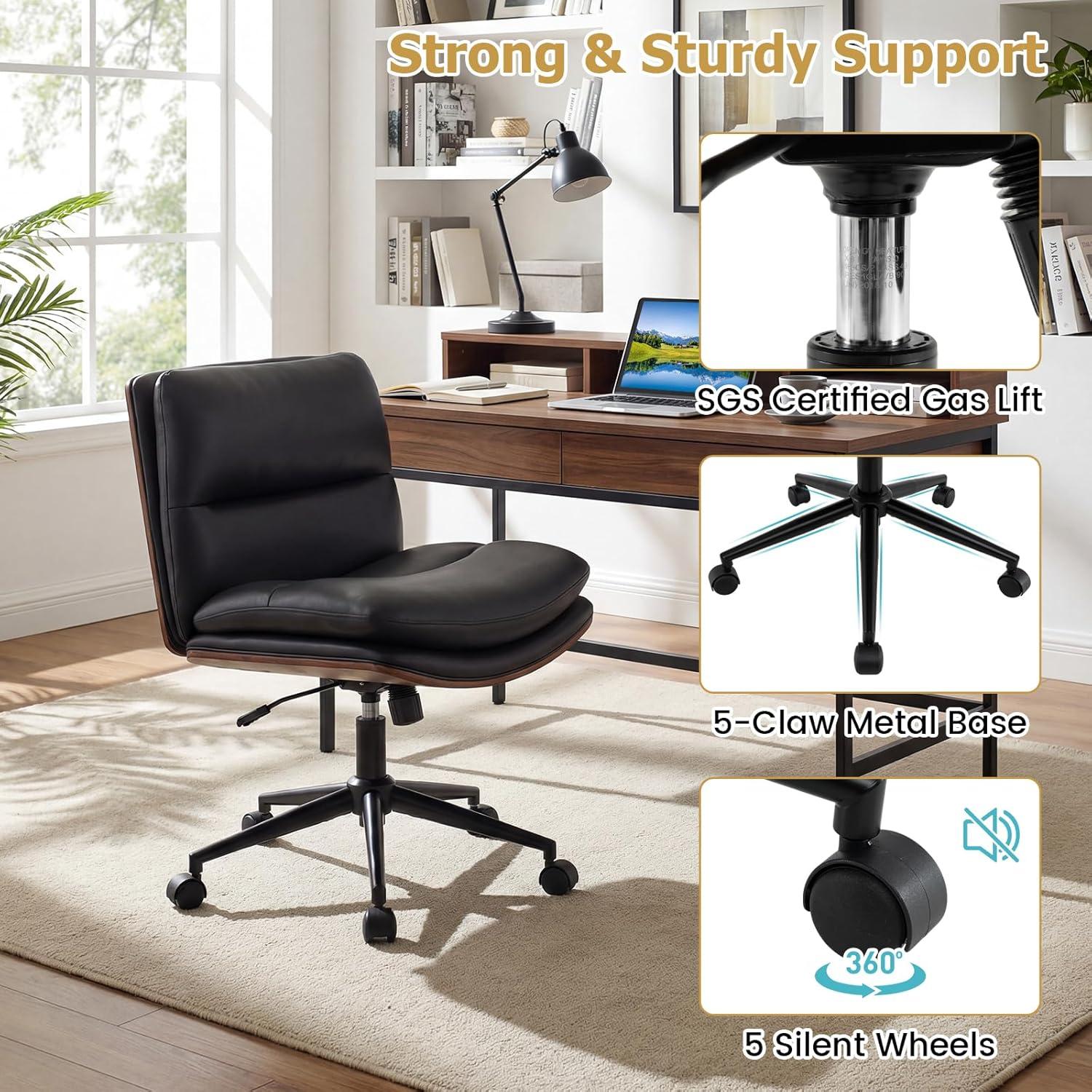 image:imageGiantex Armless Office Chair with Wheels PU Leather Height Adjustable Vanity Chair wCurved Backrest MidBack Criss Cross 360 Swivel Ergonomic Computer Desk Chair for Home Office amp Bedroom WhiteBlack