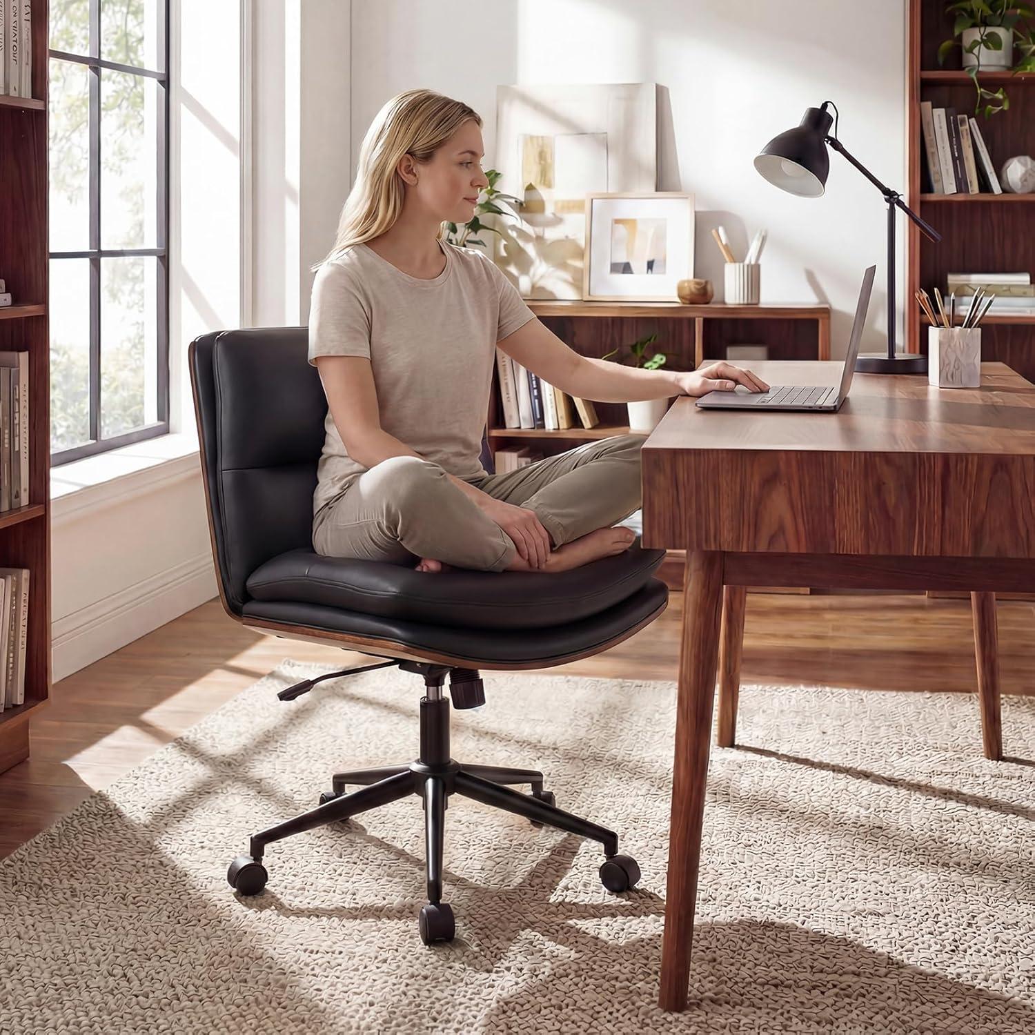 image:imageGiantex Armless Office Chair with Wheels PU Leather Height Adjustable Vanity Chair wCurved Backrest MidBack Criss Cross 360 Swivel Ergonomic Computer Desk Chair for Home Office amp Bedroom WhiteBlack