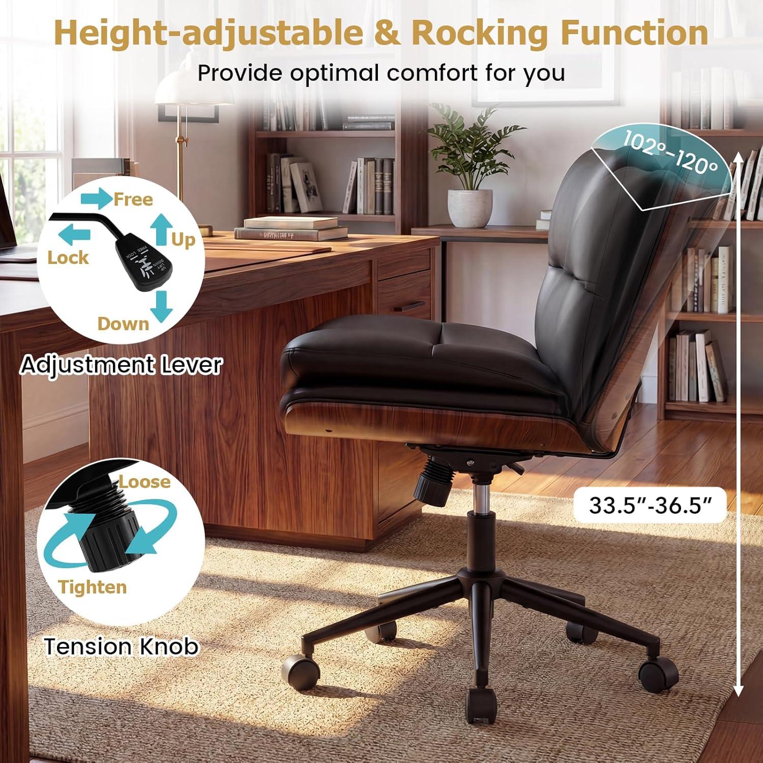 image:imageGiantex Armless Office Chair with Wheels PU Leather Height Adjustable Vanity Chair wCurved Backrest MidBack Criss Cross 360 Swivel Ergonomic Computer Desk Chair for Home Office amp Bedroom WhiteBlack