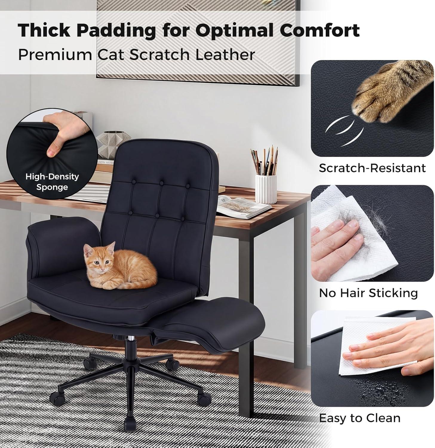image:imageGiantex Criss Cross Chair with Armrests amp Wheels Cat Scratch Leather Makeup Vanity Chair with Rocking Backrest amp Removable Cushion Adjustable Swivel Computer Office Desk Chair for Bedroom Black