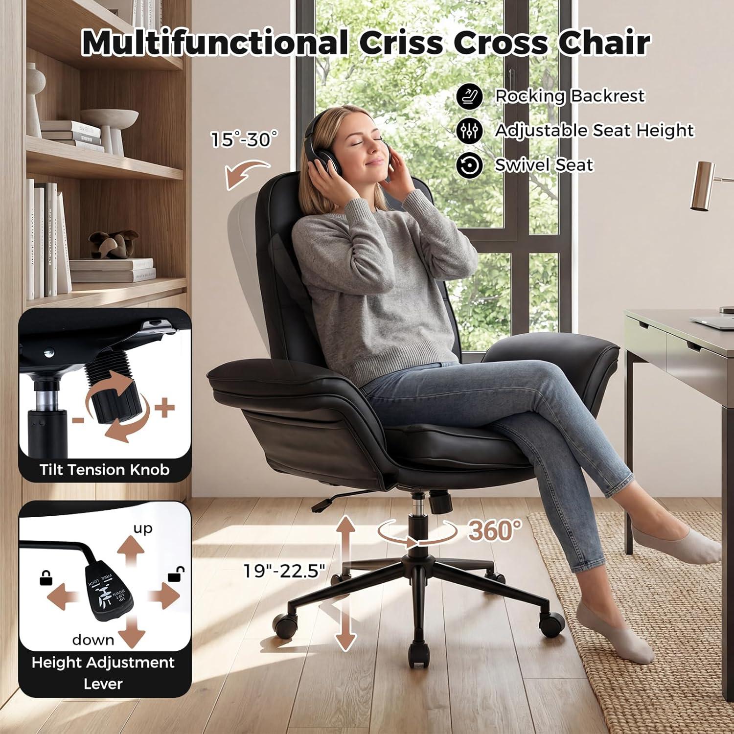 image:imageGiantex Criss Cross Chair with Armrests amp Wheels Cat Scratch Leather Makeup Vanity Chair with Rocking Backrest amp Removable Cushion Adjustable Swivel Computer Office Desk Chair for Bedroom Black