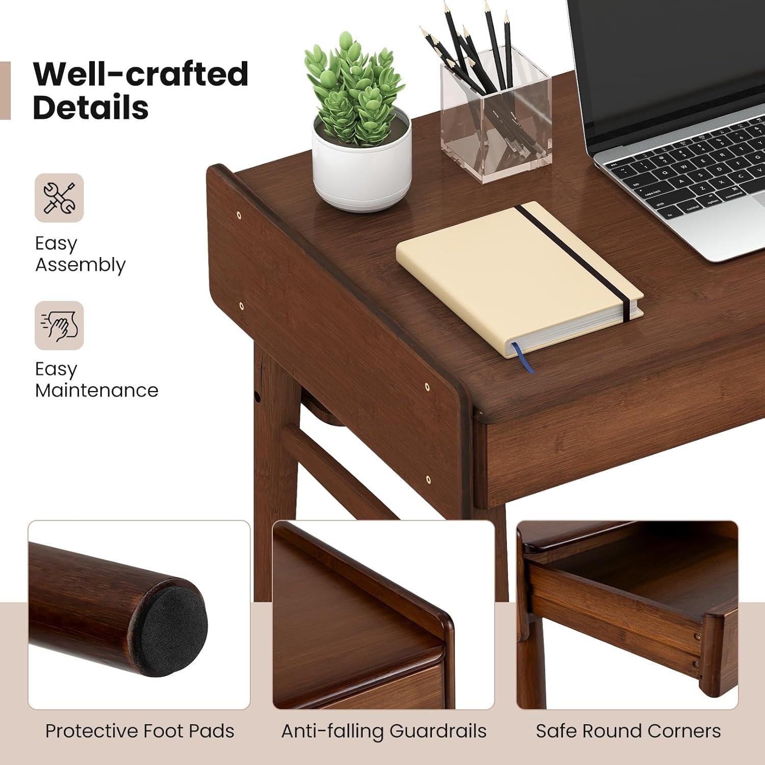 image:imageGiantex Mid Century Modern Desk 395 Bamboo Computer Desk with 2 Drawers and Open Storage Shelf Makeup Vanity Table Wood Computer Workstation Vintage Writing Desk for Bedroom WalnutWalnut