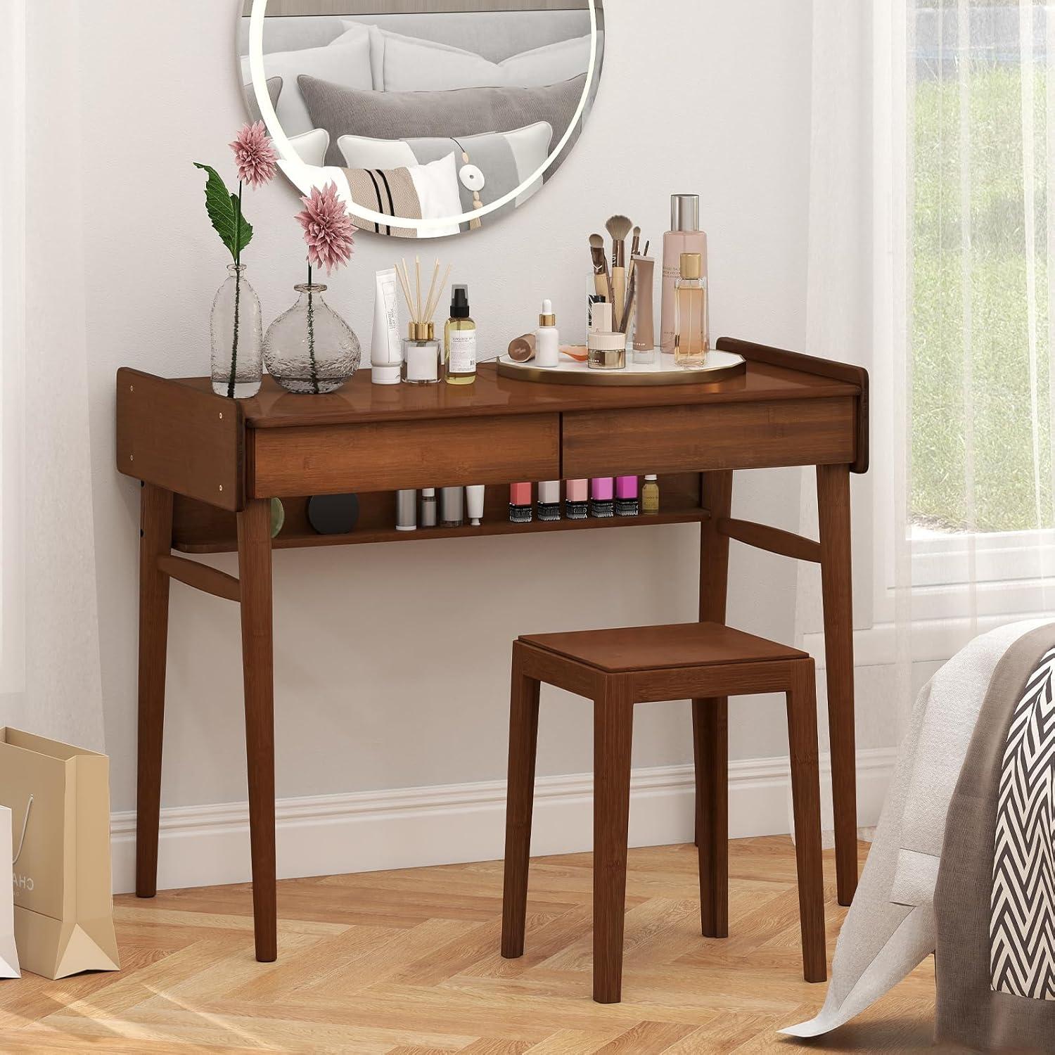 image:imageGiantex Mid Century Modern Desk 395 Bamboo Computer Desk with 2 Drawers and Open Storage Shelf Makeup Vanity Table Wood Computer Workstation Vintage Writing Desk for Bedroom WalnutWalnut