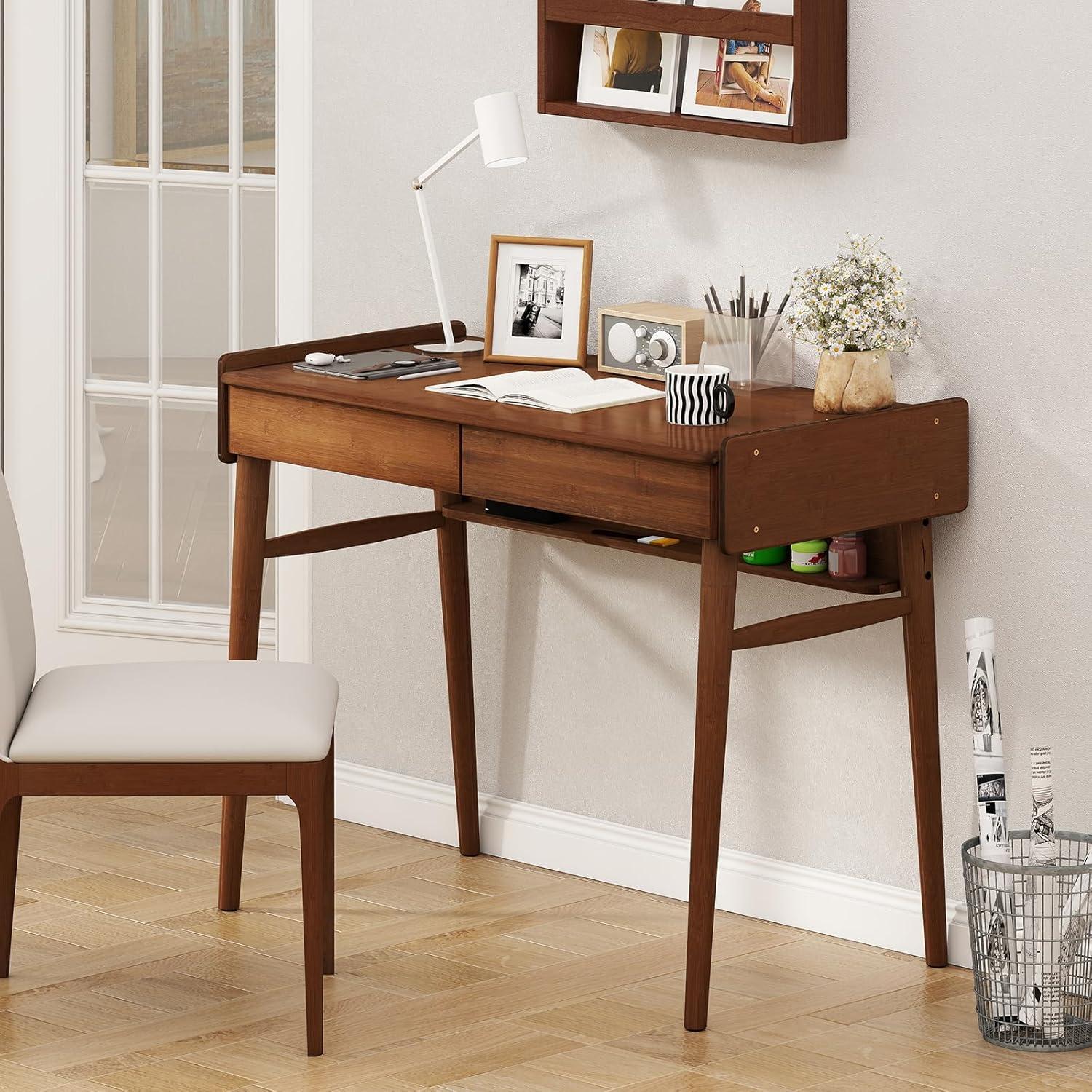 image:imageGiantex Mid Century Modern Desk 395 Bamboo Computer Desk with 2 Drawers and Open Storage Shelf Makeup Vanity Table Wood Computer Workstation Vintage Writing Desk for Bedroom WalnutWalnut