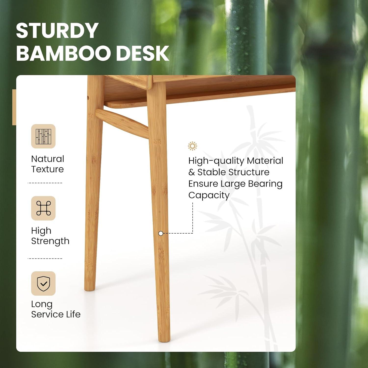 image:imageGiantex Mid Century Modern Desk 395 Bamboo Computer Desk with 2 Drawers and Open Storage Shelf Makeup Vanity Table Wood Computer Workstation Vintage Writing Desk for Bedroom WalnutNatural