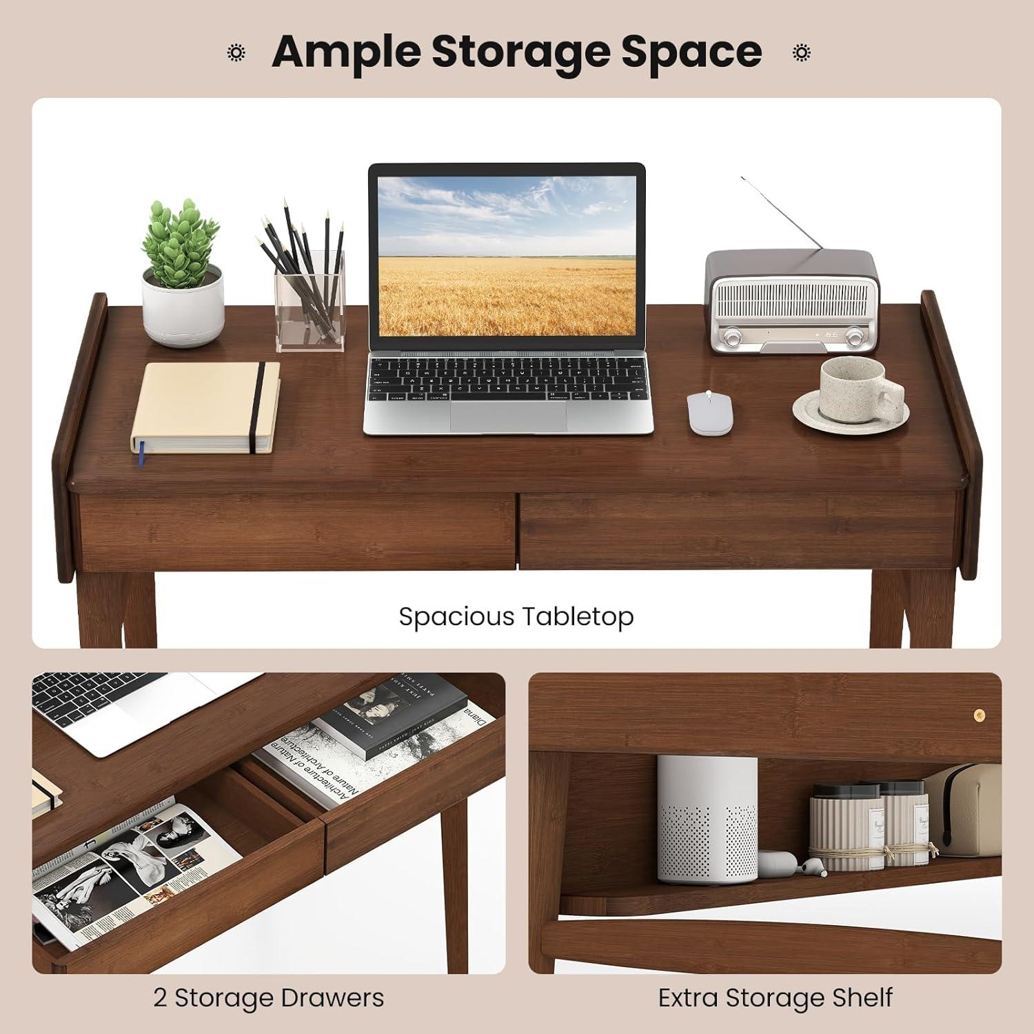 image:imageGiantex Mid Century Modern Desk 395 Bamboo Computer Desk with 2 Drawers and Open Storage Shelf Makeup Vanity Table Wood Computer Workstation Vintage Writing Desk for Bedroom WalnutWalnut