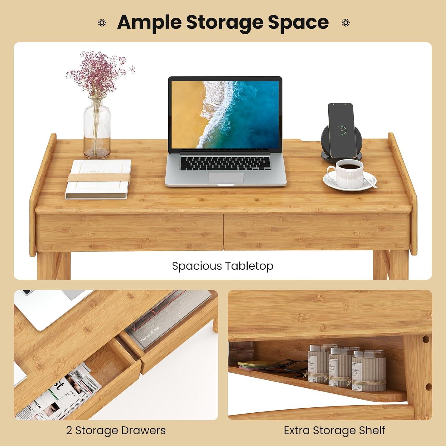 image:imageGiantex Mid Century Modern Desk 395 Bamboo Computer Desk with 2 Drawers and Open Storage Shelf Makeup Vanity Table Wood Computer Workstation Vintage Writing Desk for Bedroom WalnutNatural