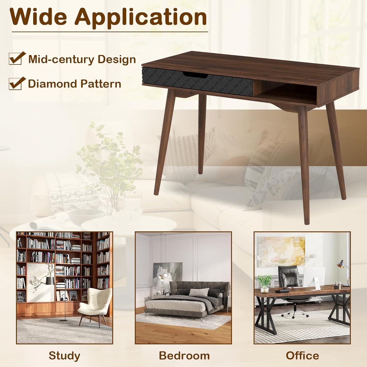 image:imageGiantex Mid Century Modern Desk 425 Vintage Computer Desk with Storage Drawer amp Rubber Wood Legs Makeup Vanity Table Wood Computer Workstation Small Writing Desk for Bedroom Small Space Walnut