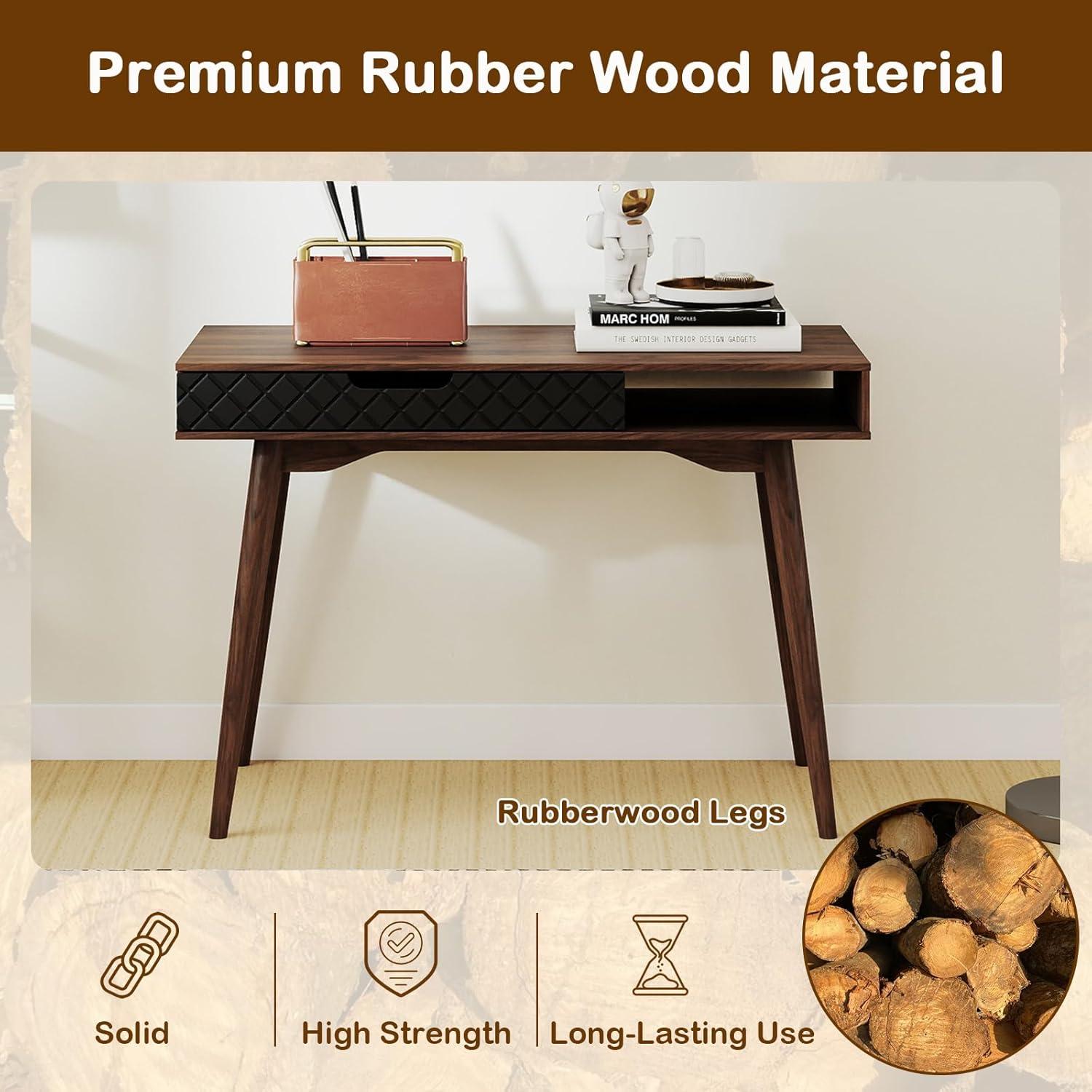 image:imageGiantex Mid Century Modern Desk 425 Vintage Computer Desk with Storage Drawer amp Rubber Wood Legs Makeup Vanity Table Wood Computer Workstation Small Writing Desk for Bedroom Small Space Walnut