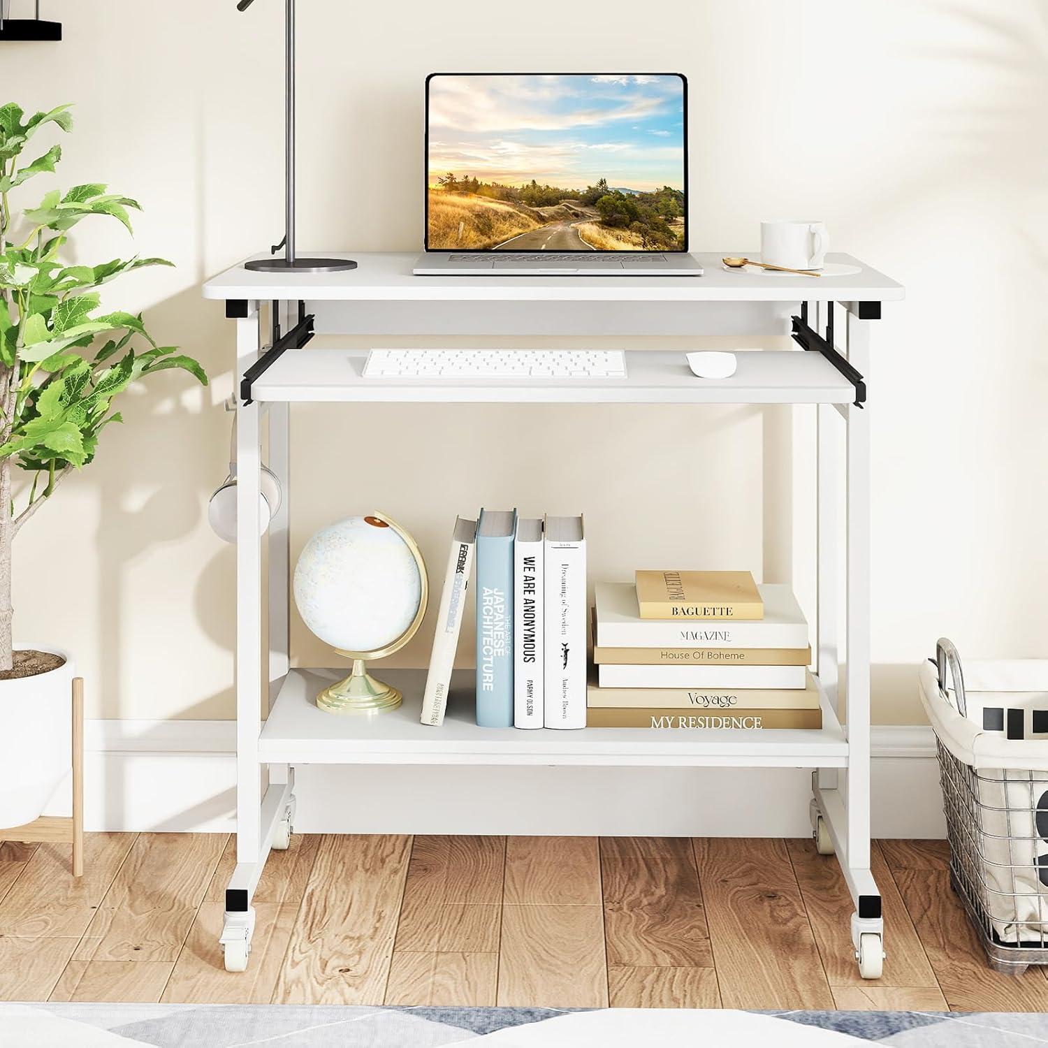 image:imageGiantex Rolling Computer Desk Mobile Portable Desk with Keyboard Tray amp Wheels Laptop PC Table Cart with Shelf amp Hooks Industrial Small Desk for Small Spaces Home Office Bedroom WhiteWhite