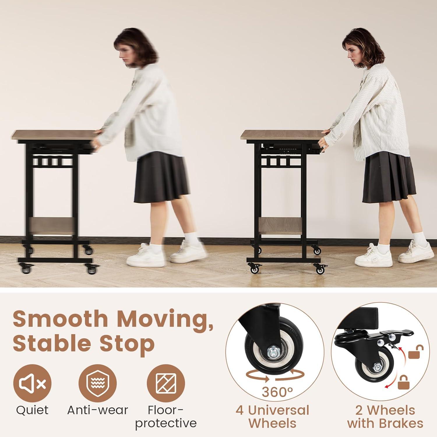 image:imageGiantex Rolling Computer Desk Mobile Portable Desk with Keyboard Tray amp Wheels Laptop PC Table Cart with Shelf amp Hooks Industrial Small Desk for Small Spaces Home Office Bedroom WhiteGrey Oak