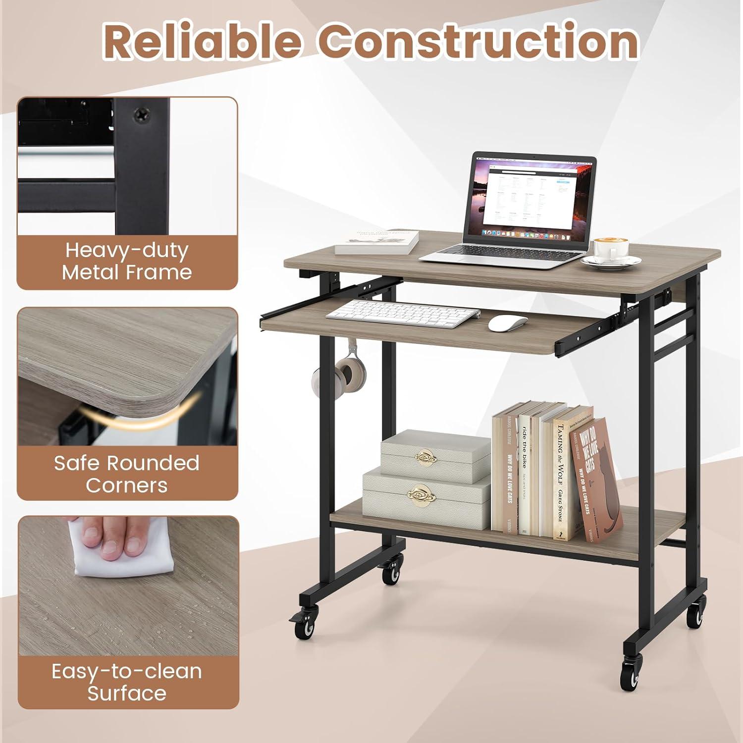 image:imageGiantex Rolling Computer Desk Mobile Portable Desk with Keyboard Tray amp Wheels Laptop PC Table Cart with Shelf amp Hooks Industrial Small Desk for Small Spaces Home Office Bedroom WhiteGrey Oak