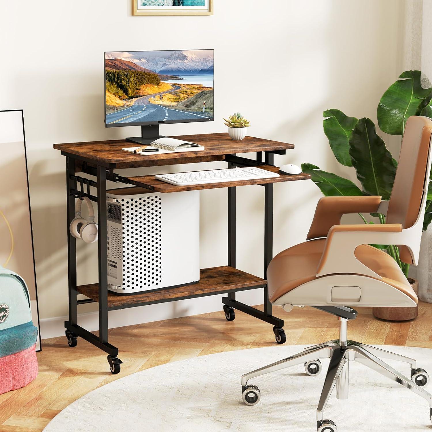 image:imageGiantex Rolling Computer Desk Mobile Portable Desk with Keyboard Tray amp Wheels Laptop PC Table Cart with Shelf amp Hooks Industrial Small Desk for Small Spaces Home Office Bedroom WhiteRustic Brown