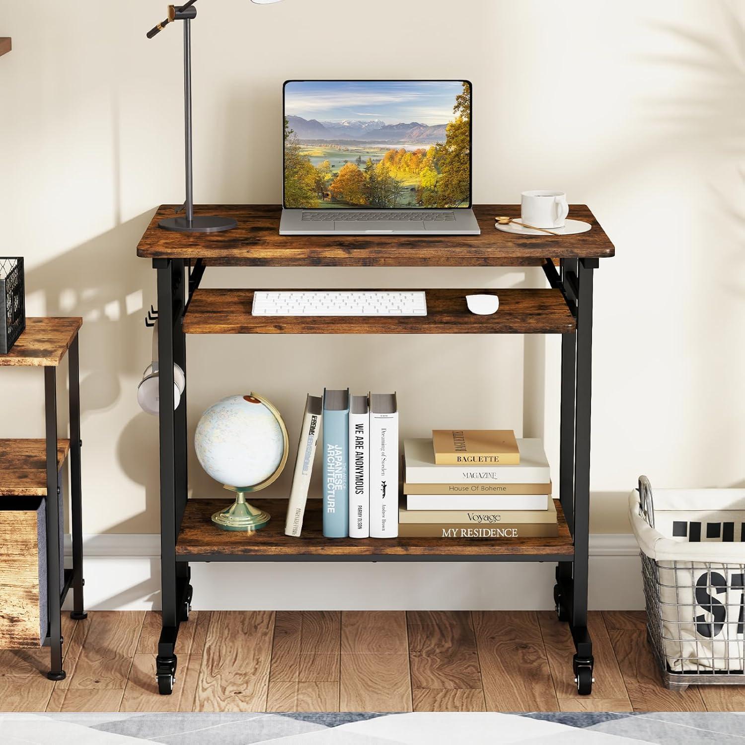 image:imageGiantex Rolling Computer Desk Mobile Portable Desk with Keyboard Tray amp Wheels Laptop PC Table Cart with Shelf amp Hooks Industrial Small Desk for Small Spaces Home Office Bedroom WhiteRustic Brown