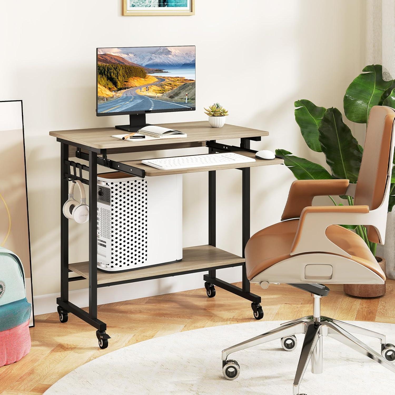 image:imageGiantex Rolling Computer Desk Mobile Portable Desk with Keyboard Tray amp Wheels Laptop PC Table Cart with Shelf amp Hooks Industrial Small Desk for Small Spaces Home Office Bedroom WhiteGrey Oak