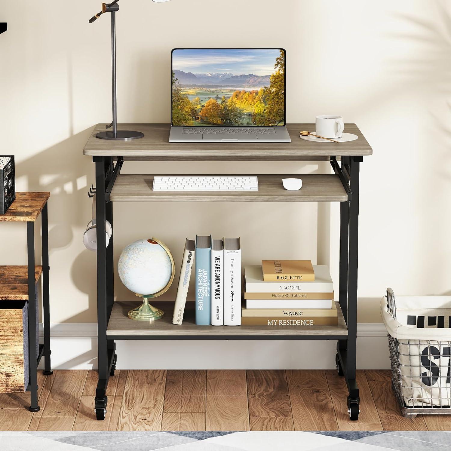 image:imageGiantex Rolling Computer Desk Mobile Portable Desk with Keyboard Tray amp Wheels Laptop PC Table Cart with Shelf amp Hooks Industrial Small Desk for Small Spaces Home Office Bedroom WhiteGrey Oak