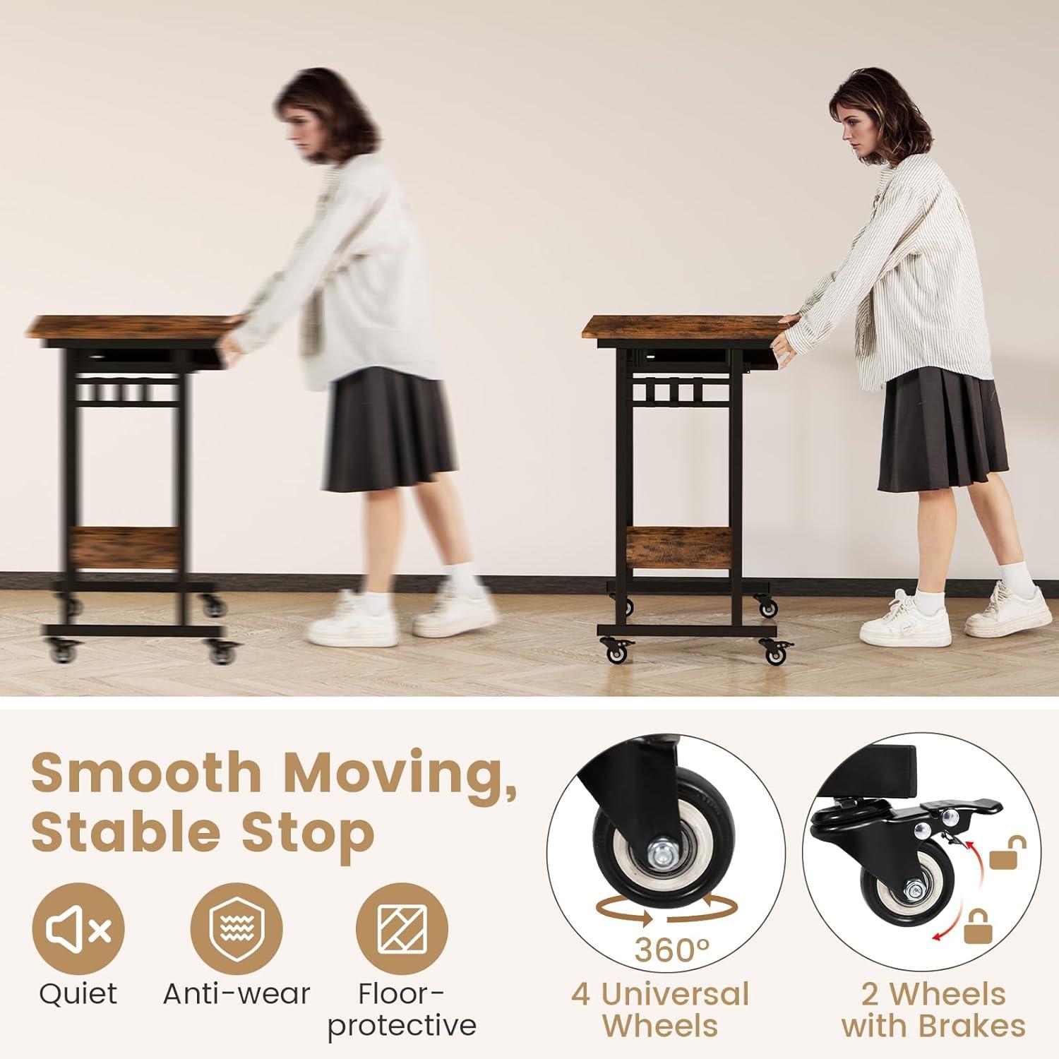 image:imageGiantex Rolling Computer Desk Mobile Portable Desk with Keyboard Tray amp Wheels Laptop PC Table Cart with Shelf amp Hooks Industrial Small Desk for Small Spaces Home Office Bedroom WhiteRustic Brown