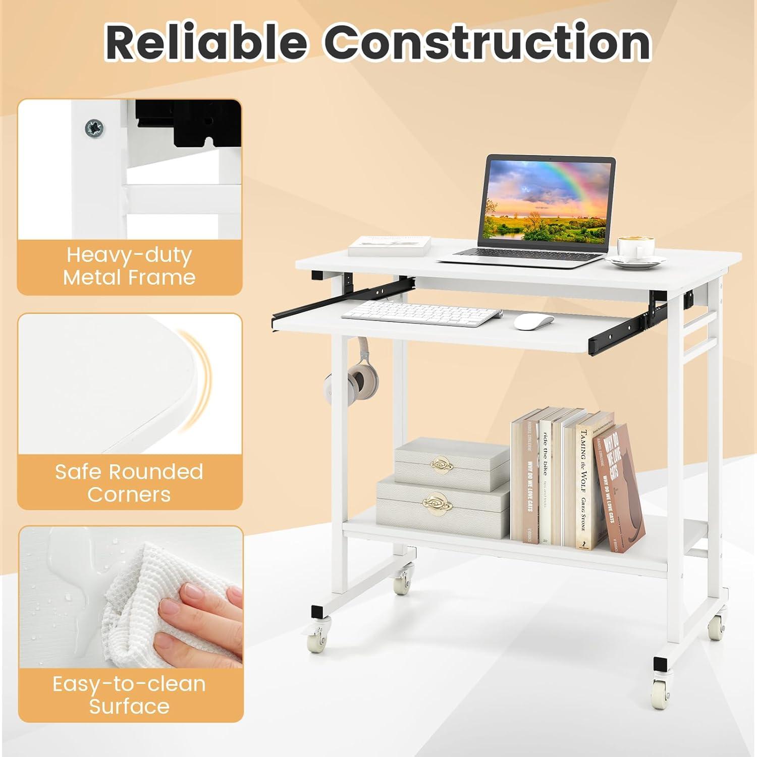image:imageGiantex Rolling Computer Desk Mobile Portable Desk with Keyboard Tray amp Wheels Laptop PC Table Cart with Shelf amp Hooks Industrial Small Desk for Small Spaces Home Office Bedroom WhiteWhite