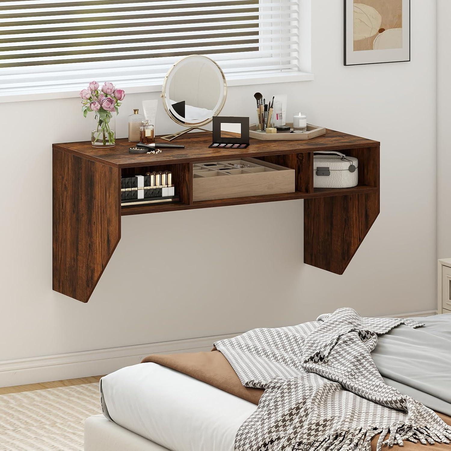 image:imageGiantex WallMounted Computer Desk Floating Laptop Desk with 3 Storage Compartments SpaceSaving Home Office Workstation Vanity Table for Bedroom Study Living Room BlackRustic Brown