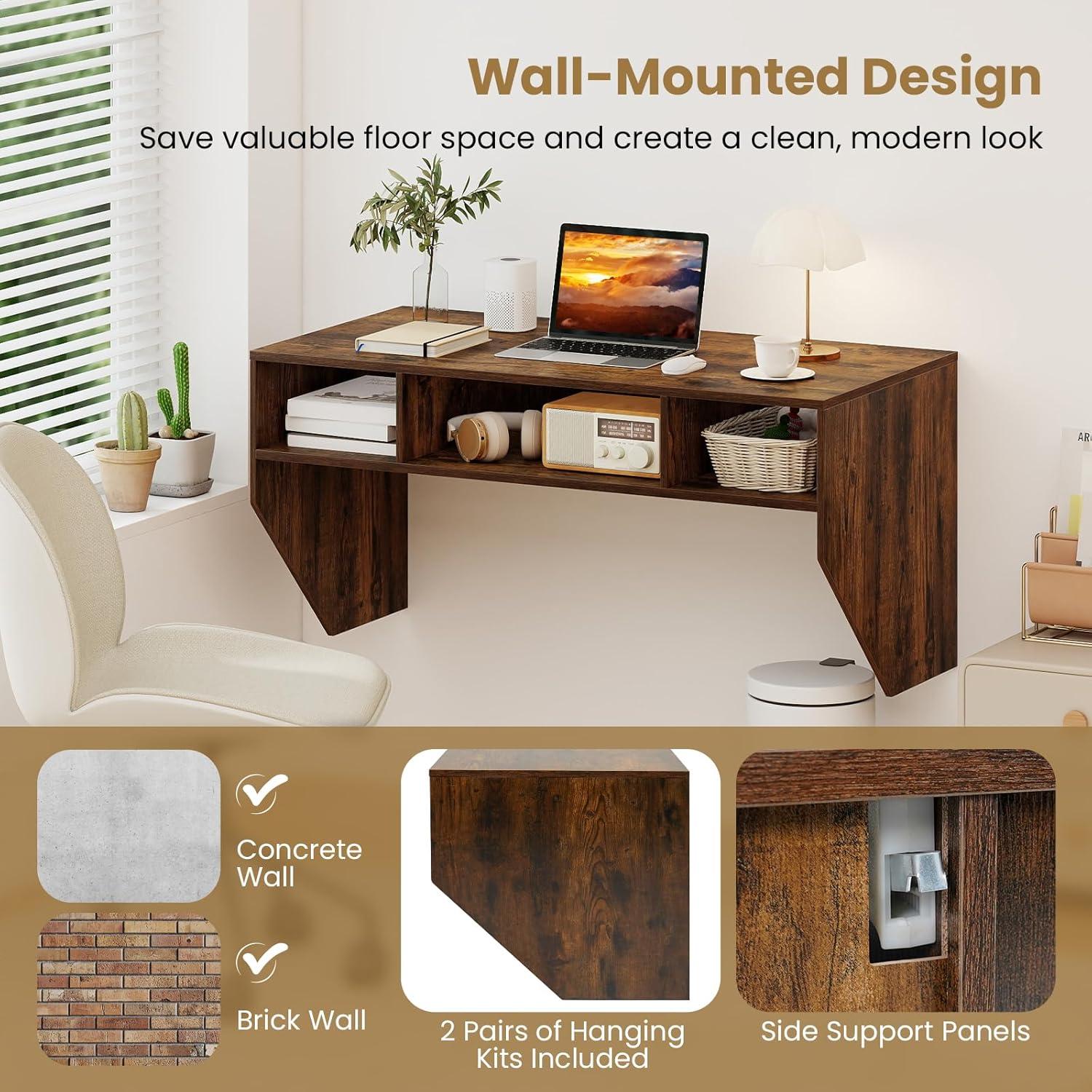 image:imageGiantex WallMounted Computer Desk Floating Laptop Desk with 3 Storage Compartments SpaceSaving Home Office Workstation Vanity Table for Bedroom Study Living Room BlackRustic Brown