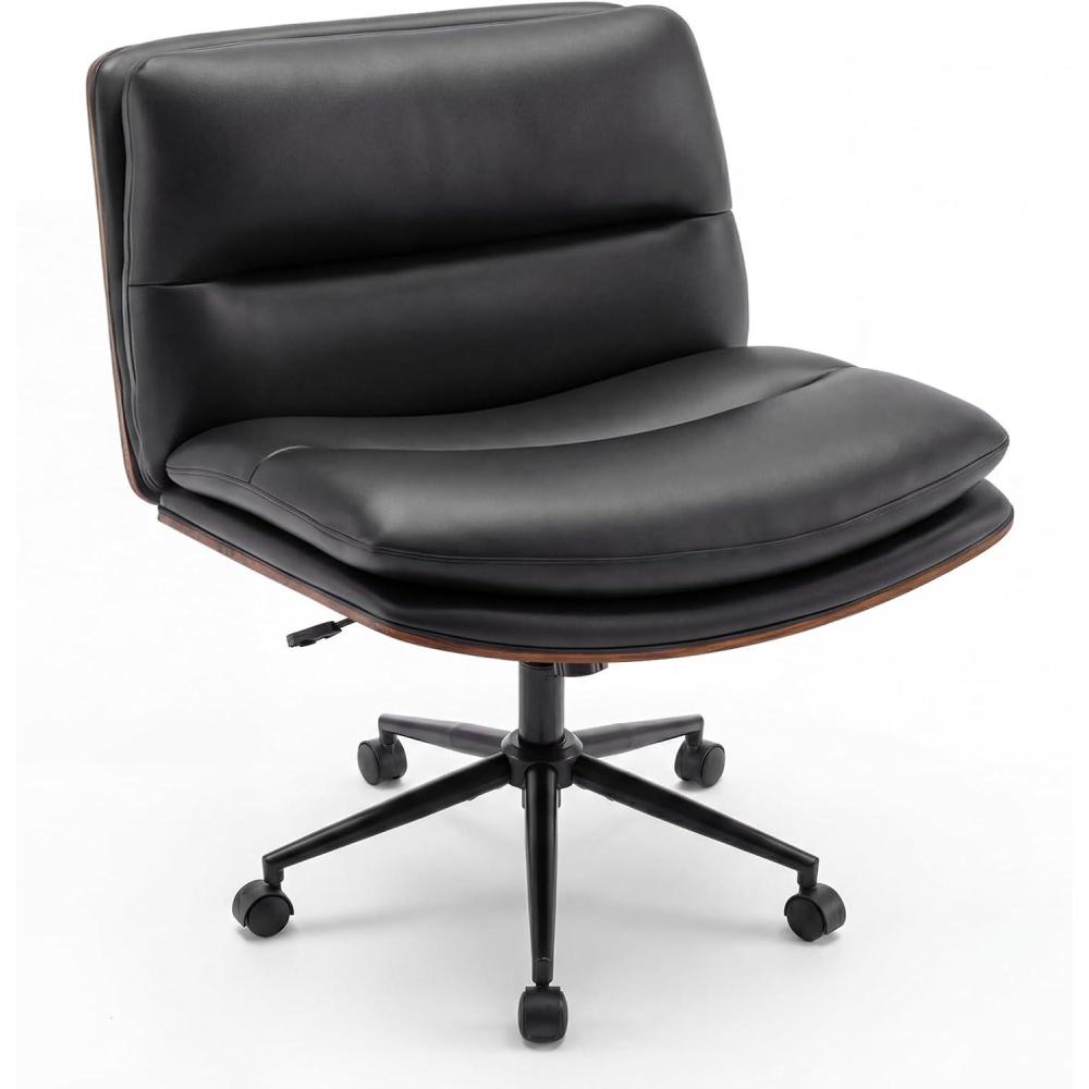 image:imageGiantex Armless Office Chair with Wheels PU Leather Height Adjustable Vanity Chair wCurved Backrest MidBack Criss Cross 360 Swivel Ergonomic Computer Desk Chair for Home Office amp Bedroom WhiteBlack