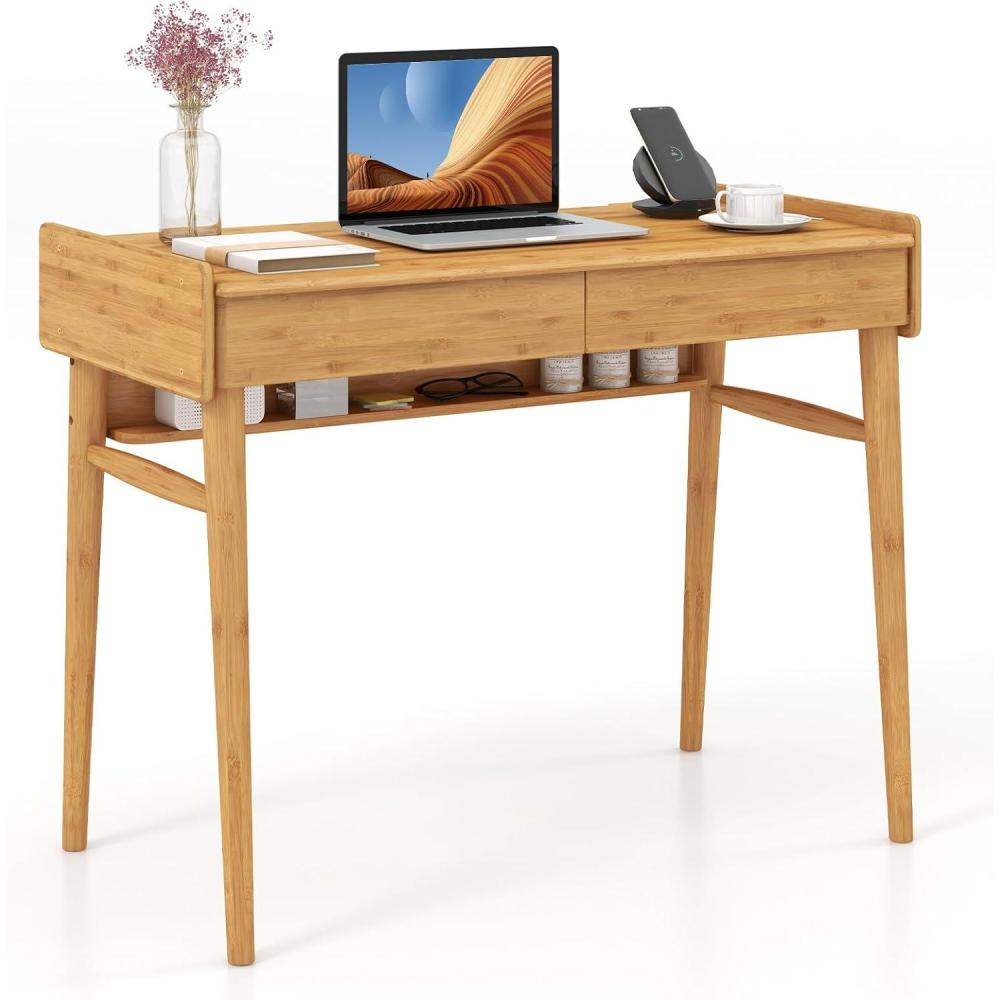 image:imageGiantex Mid Century Modern Desk 395 Bamboo Computer Desk with 2 Drawers and Open Storage Shelf Makeup Vanity Table Wood Computer Workstation Vintage Writing Desk for Bedroom WalnutNatural