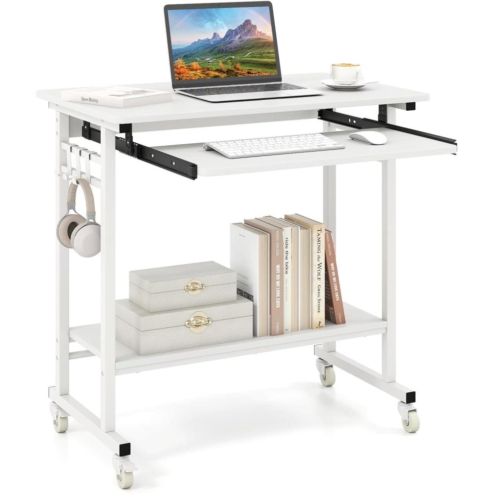 image:imageGiantex Rolling Computer Desk Mobile Portable Desk with Keyboard Tray amp Wheels Laptop PC Table Cart with Shelf amp Hooks Industrial Small Desk for Small Spaces Home Office Bedroom WhiteWhite
