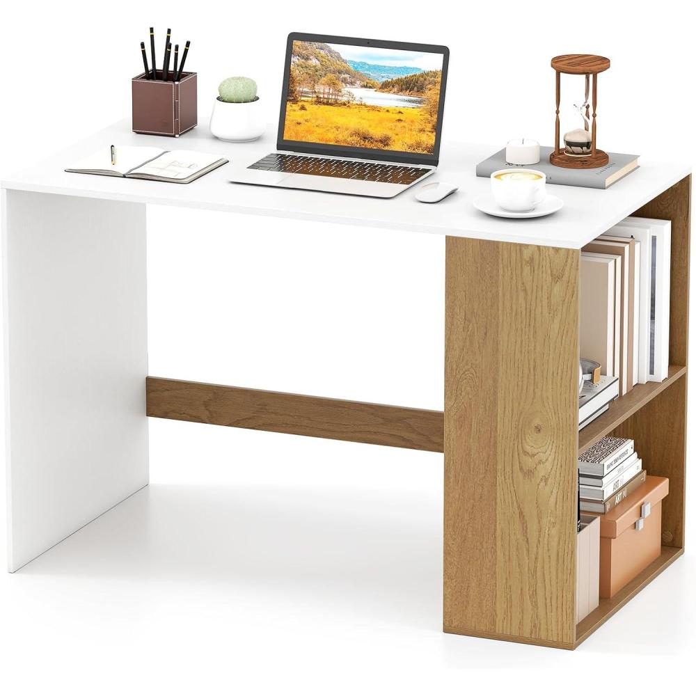 image:imageGiantex Small Desk with Bookshelf 44 Inch Modern Computer Desk for Small Spaces Laptop PC Desk Vanity Table for Bedroom Study Writing Desk for Home Office WhiteNaturalWhitenatural