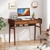 Giantex Mid Century Modern Desk, 39.5″ Bamboo Computer Desk with 2 Drawers and Open Storage Shelf, Makeup Vanity Table, Wood Computer Workstation, Vintage Writing Desk for Bedroom, Walnut(Walnut)