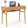 Giantex Mid Century Modern Desk, 39.5″ Bamboo Computer Desk with 2 Drawers and Open Storage Shelf, Makeup Vanity Table, Wood Computer Workstation, Vintage Writing Desk for Bedroom, Walnut(Natural)