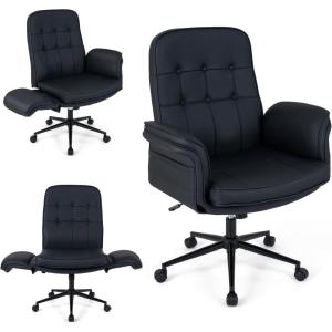 Giantex Criss Cross Chair with Armrests & Wheels, Cat Scratch Leather Makeup Vanity Chair with Rocking Backrest & Removable Cushion, Adjustable Swivel Computer Office Desk Chair for Bedroom, Black