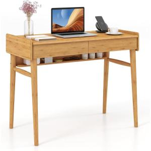 Giantex Mid Century Modern Desk, 39.5″ Bamboo Computer Desk with 2 Drawers and Open Storage Shelf, Makeup Vanity Table, Wood Computer Workstation, Vintage Writing Desk for Bedroom, Walnut(Natural)