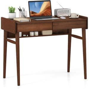 Giantex Mid Century Modern Desk, 39.5″ Bamboo Computer Desk with 2 Drawers and Open Storage Shelf, Makeup Vanity Table, Wood Computer Workstation, Vintage Writing Desk for Bedroom, Walnut(Walnut)