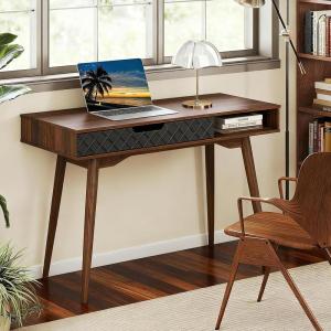 Giantex Mid Century Modern Desk, 42.5″ Vintage Computer Desk with Storage Drawer & Rubber Wood Legs, Makeup Vanity Table, Wood Computer Workstation, Small Writing Desk for Bedroom, Small Space, Walnut