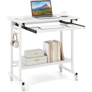 Giantex Rolling Computer Desk, Mobile Portable Desk with Keyboard Tray & Wheels, Laptop PC Table Cart with Shelf & Hooks, Industrial Small Desk for Small Spaces, Home Office, Bedroom, White(White)