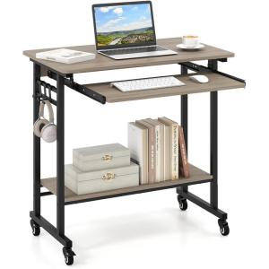 Giantex Rolling Computer Desk, Mobile Portable Desk with Keyboard Tray & Wheels, Laptop PC Table Cart with Shelf & Hooks, Industrial Small Desk for Small Spaces, Home Office, Bedroom, White(Grey Oak)