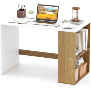 Giantex Small Desk with Bookshelf, 44 Inch Modern Computer Desk for Small Spaces, Laptop PC Desk, Vanity Table for Bedroom, Study Writing Desk for Home Office (White+Natural)(White+natural)