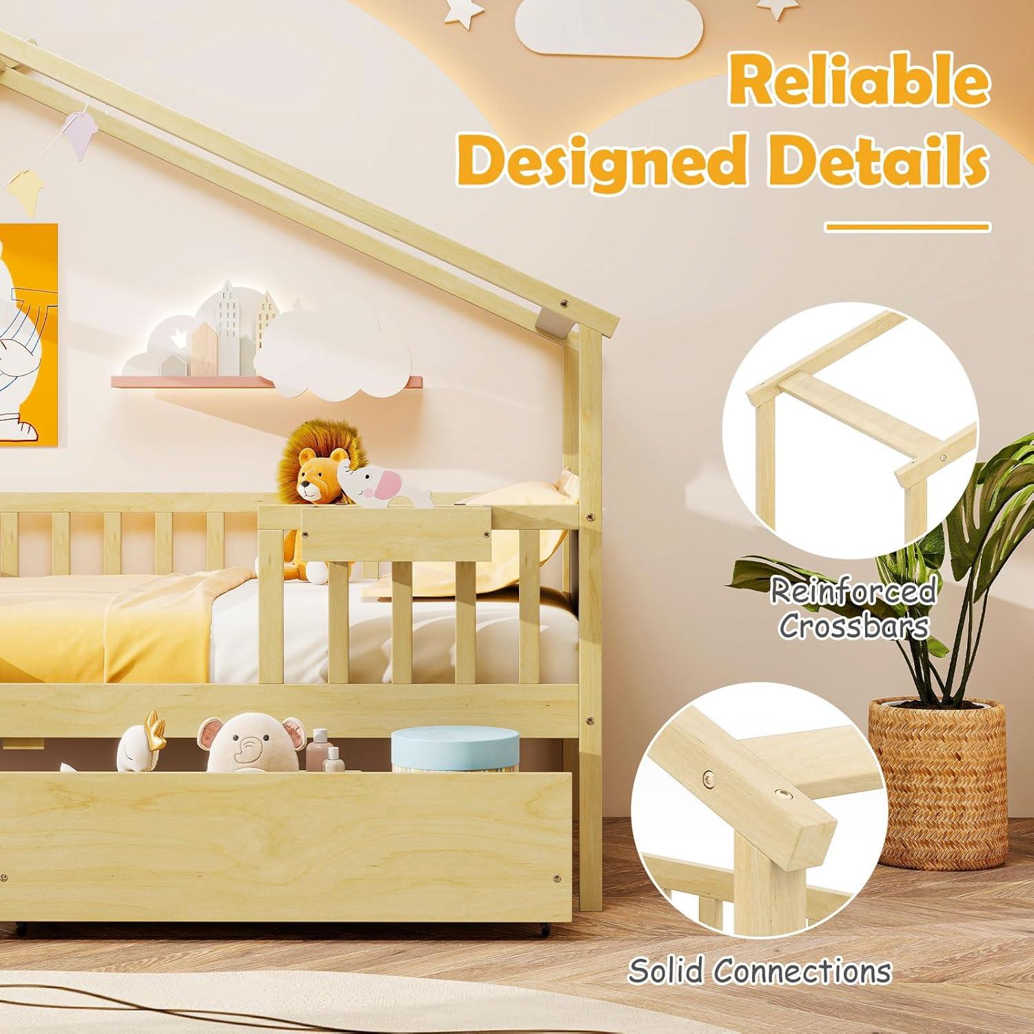 image:imageGiantex Full House Bed with Drawers Wooden Full Size Bed Frame with Cube Storage amp Fence Rails Montessori Beds for Kids Boys Girls Bedroom Living Room No Box Spring Needed NaturalNatural